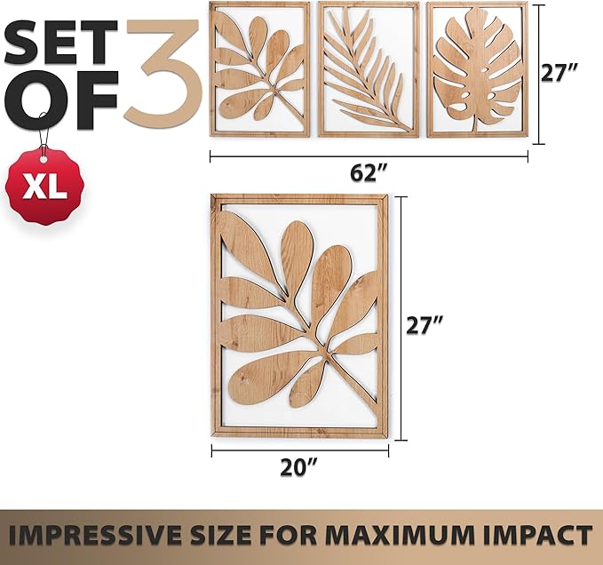 qmmp Modern Wooden Wall Sculptures - Set of 3 - Home Decor Accent - Large Wall Art for Living Room, Bedroom, Office - Easy Installation (Oak, XLarge - Tree Leaves)