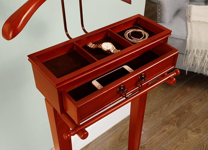 Proman Products Bombay Suit Valet Stand VL26700 with Drawer, Top Tray, Contour Hanger, Trouser Bar, and Shoe Rack, 18" W x 16" D x 48" H, Cherry