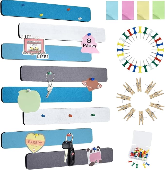 Vuzvuv 8 pcs Bulletin Board Bar Strips with 50 Pushpins & 10 Wooden Clip pins，Self Adhesive Cork Board for Wall，Felt Pin Board for School，Office Decor(Blue White Grey)