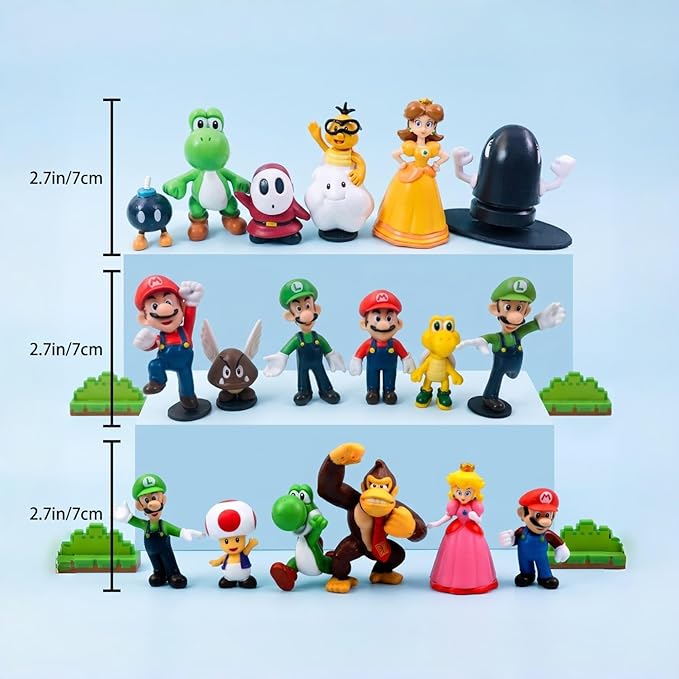 18 Pcs Mario Figurines Set, Mario Mini Collection Figures, Ideal for Cake Toppers & Party Scene Decor