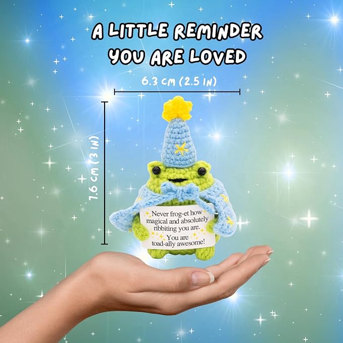 Handcrafted Crochet Magical Frog Lover Doll, Small Decorative Plush Figure, Yarn Material, Wizard Witch Theme, Inspirational Signs, Stocking Stuffer for Her Women
