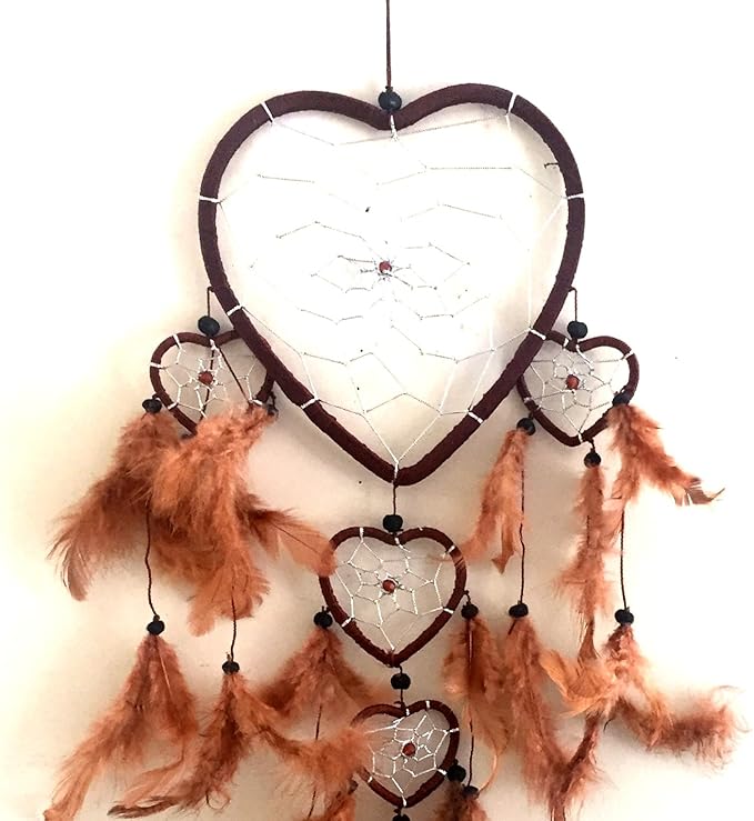 OMA Dream Catcher - Hand Made Brown Feather Dream Catcher Heart Shaped with Crystal Beads - 7" Diameter & 24" Long - OMA Federal (TM) Brand