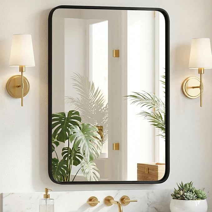 Sweetcrispy Bathroom Wall Mirror, 40x30 Inch Wall Mount Mirror for Over Sink, Modern Rounded Rectangle Vanity Mirrors with Matte Metal Framed, for Home Decor, Living Room, Bedroom, Black