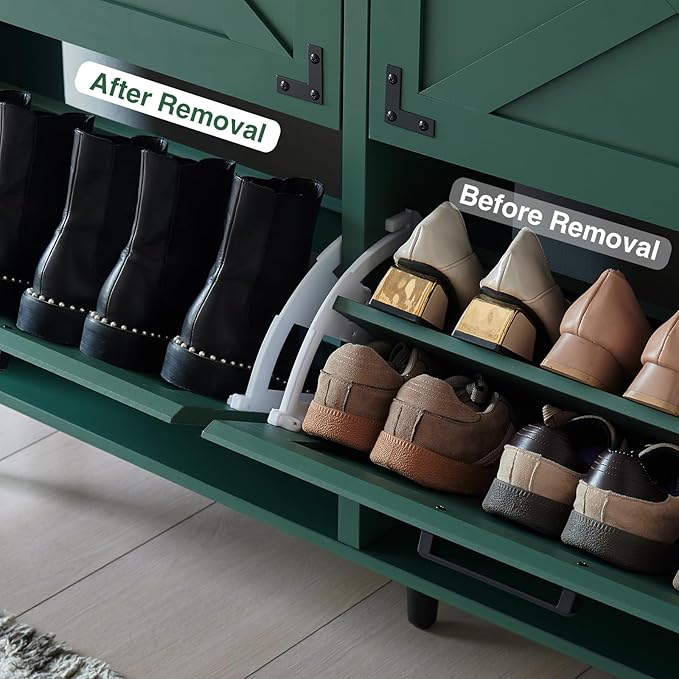 Shoe Storage Cabinet,Farmhouse Shoe Organizer with 4 Flip Drawers & Barn Door Design,Freestanding Hidden Slim Narrow Shoe Rack Cabinet for Entryway,Foyer,Hallway,Green