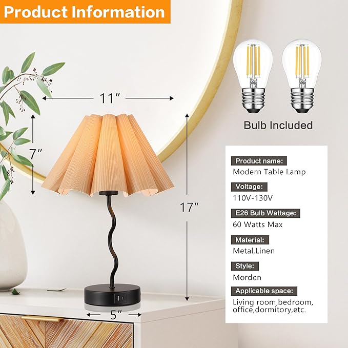 EOEYYOYB Pleated Table Lamp, Table Lamp for Bedroom, Bedside Lamps for Nightstand with Linen Lampshade, Modern Lamp for Bedroom Home Office Decor, Burlywood