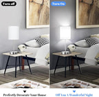 Set of 2 Table Lamps with USB Ports, White Bedside Lamps with AC Outlet, Modern Nightstand Lamps with Rotary Switch, Minimalist Desk Lamp with Fabric Shade for Bedroom Living Room Office Reading