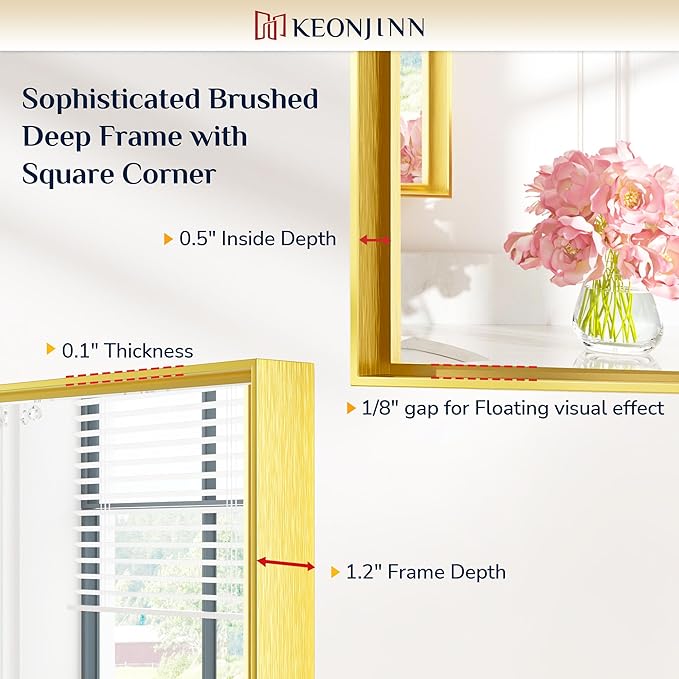 Keonjinn Gold Bathroom Mirror 60 x 36 Inch, Brushed Gold Metal Framed Mirrors, Square Corner Rectangular Large Wall Mirrors, Trimmed Wall-Mounted Vanity Mirror(Horizontal/Vertical)