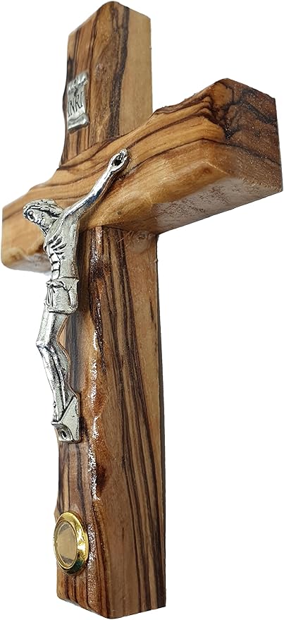 Zuluf 4.7" Olive Wood Catholic Wall Cross with Crucifix and Holy Land Stone Christian Gift Handmade Israel CRS046