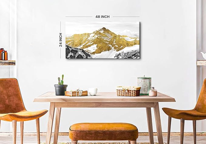 Large Golden Mountain Wall Art Abstract Black and Gold Mountain Wall Decor Nature Snowy Mountains Hill Landscape Canvas Paintings Pictures Modern Artwork Prints Living Room Office Decorations 24x48”