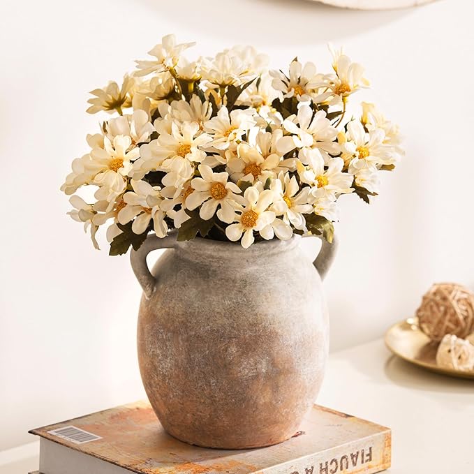 Ceramic Flower Small Vase 6 inch Farmhouse Rustic Vase Decorative Pottery Terracotta Vases for Home Decor Table Mantle Fireplace Living Room Bathroom Wedding Centerpiece