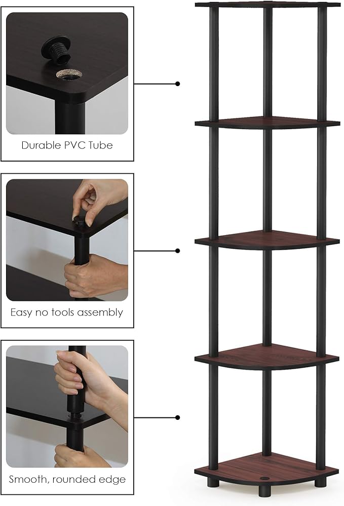 Furinno TURN-N-TUBE Corner Shelf Set of 2, 5-Tier Corner Bookshelf, Open Storage Shelves, for Organization and Storage, Living Room, Home Office, Garage, Dark Cherry