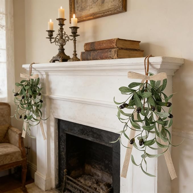 6 PCS Spring Summer Teardrop Swag Chandelier Rings Wreaths Decoration with Bow Artificial Green Olive Sconce Lighting Swag Wreath Greenery Candlestick Wreath for Farmhouse Wall Cabinet Holidays Decor