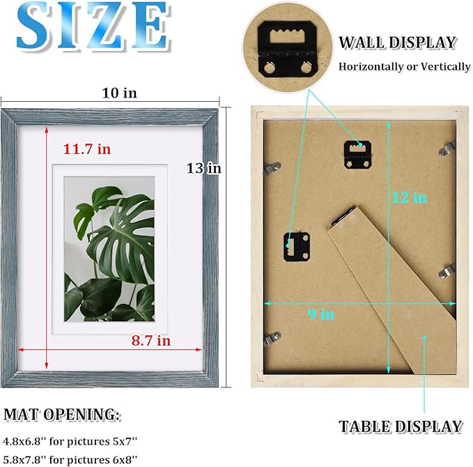 Egofine 9x12 Picture Frames Set of 4, Made of Solid Wood Covered by Plexiglass 5x7 and 6x8 with Mat or 9x12 whitout Mat, for Table Top Display and Wall Mounting Photo Frame Rustic Blue