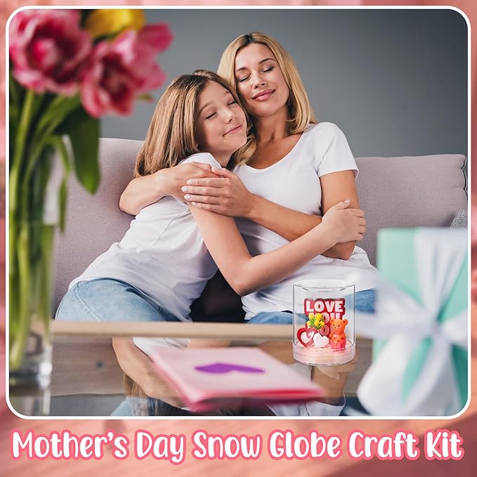 Sotiff 12 Sets Mother's Day Craft Bulk DIY Snow Globe Gift with Mini Resin Heart Bear Vase with Flower Figurines Gift Box 3D Love Heart Love You Mom Wooden Sign for Mom Birthday Classroom Activity
