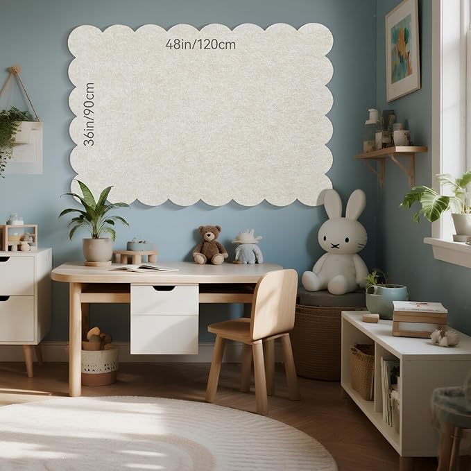 Lightomorrow Scalloped Bulletin Board, 48 x 36 Inches Felt Pin Board - Decorative Cork Alternative for Wall, Foldable Picture Self-Adhesive Vision Prayer Board with 20 Pushpins - Oatmeal