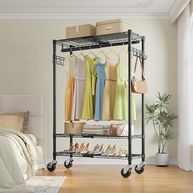 VIPEK R3X Expandable Clothes Rack with Lockable Wheels, 600 lbs Capacity Heavy Duty Rolling Garment Rack with Adjustable Width (2' to 3'5") Shelves, Space-Saving Storage Closet for Small Space (Black)