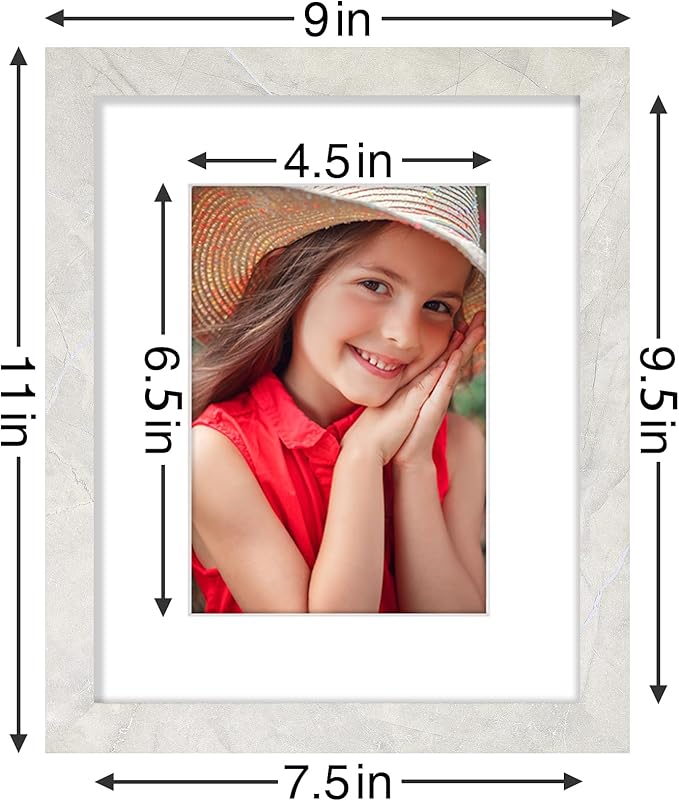 Vittanly 8x10 Picture Frames Set of 9, Shatter Resistant Plexiglass, Display 5x7 Pictures with Mat or 8x10 without Mat, Photo Frames for Wall or Tabletop, Engineered Wood, Vintage Marble White