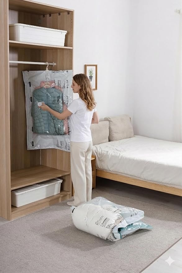 Vacuum Storage Bags for Clothing - NeatNest 6pack Space Saver Garment Bags with Hangers, 3 Medium + 3 Large, Vacuum or Hand Press Compression, Airtight for Closet Organization