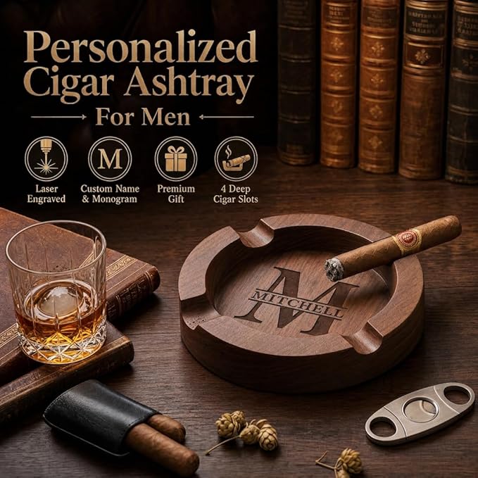 Cigar Ashtrays for Men Personalized Walnut Cigar Ash Tray for Outdooor Custom Name Wooden Ashtray Father's Day Christmas Engraved Monogramed Ashtray Gifts for Husband Dad Groomsmen Papa Grandpa