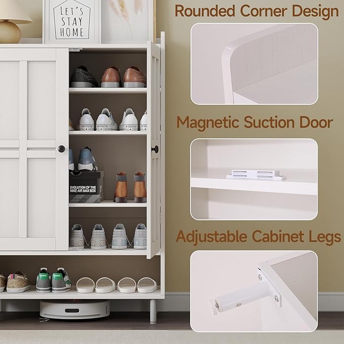 ONBRILL Shoe Storage Cabinet with Cross Molding Doors, 6-Tier Farmhouse Shoe Cabinet with 3 Adjustable Shelves and Metal Legs, 45'' Tall Shoes Rack Organizer Cabinet for Entryway, Front Door, White