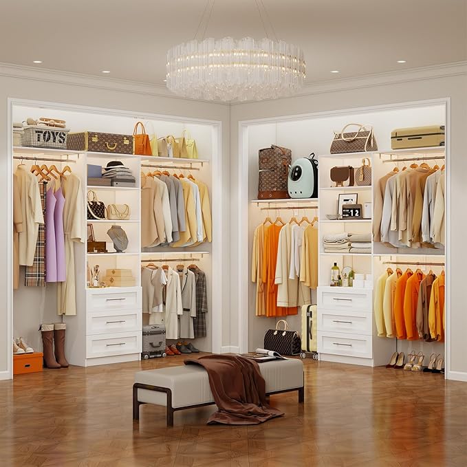Closet System with 6 Wood Drawers, 6.6-13FT Closet Organizer System with Cuttable Shelves for Walk in Closet with 6 Expandable Hanging Rods, Heavy Duty Built-in Closet for Bedroom, White