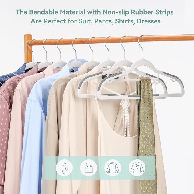 50 Pack Non-Slip Plastic Hangers with Tie Rack, Slim Space-Saving Clothes Hangers – Heavy Duty Plastic Hangers for Suit, Shirts, Pants, Dorms & Home Organization, White and Dark Gray