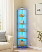 TUTOTAK Corner Shelf with LED Light, 6-Tier Corner Bookshelf for Small Space, Narrow Display Corner Shelf Stand with Storage Rack, for Living Room, Bedroom, Olive Green BS08BOG006L