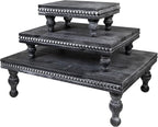 MAONAME Wood Display Risers Decorative Tray Set of 3, Farmhouse Pedestal Stand for Display Home Decor, Vintage Black Beaded Wooden Tray for Kitchen Counter, Short and Tall Footed