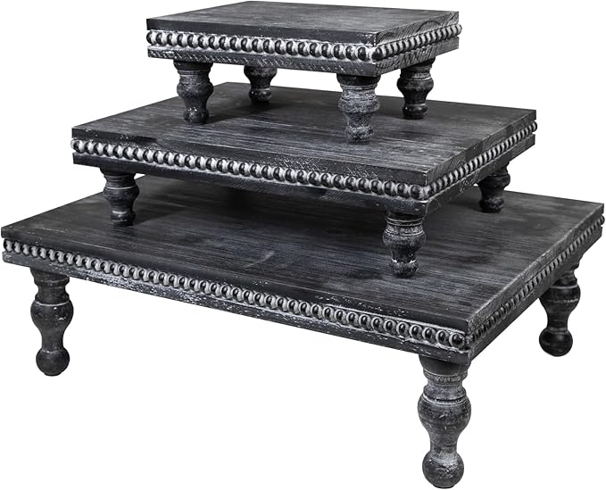 MAONAME Wood Display Risers Decorative Tray Set of 3, Farmhouse Pedestal Stand for Display Home Decor, Vintage Black Beaded Wooden Tray for Kitchen Counter, Short and Tall Footed
