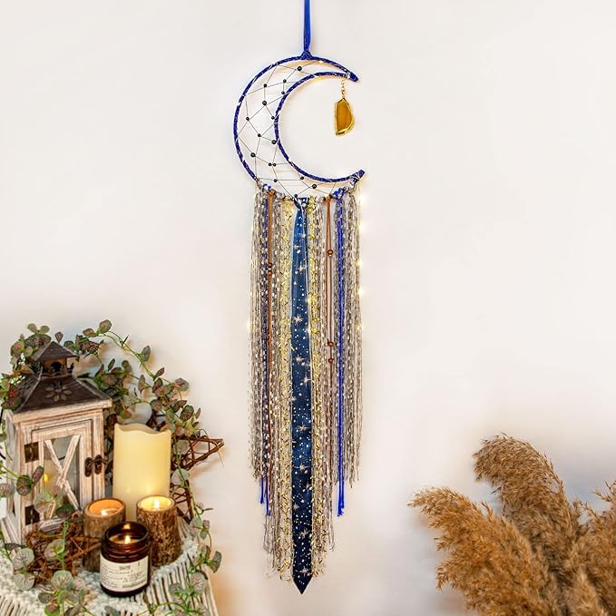Witchy Crescent Moon Dream Catcher with Purple Agate, Witch Pagan Woven Wall Hanging Dreamcatcher with Light, Gothic Wiccan Hippie Decor with Ornament Decoration Women Gift for Bedroom Christmas