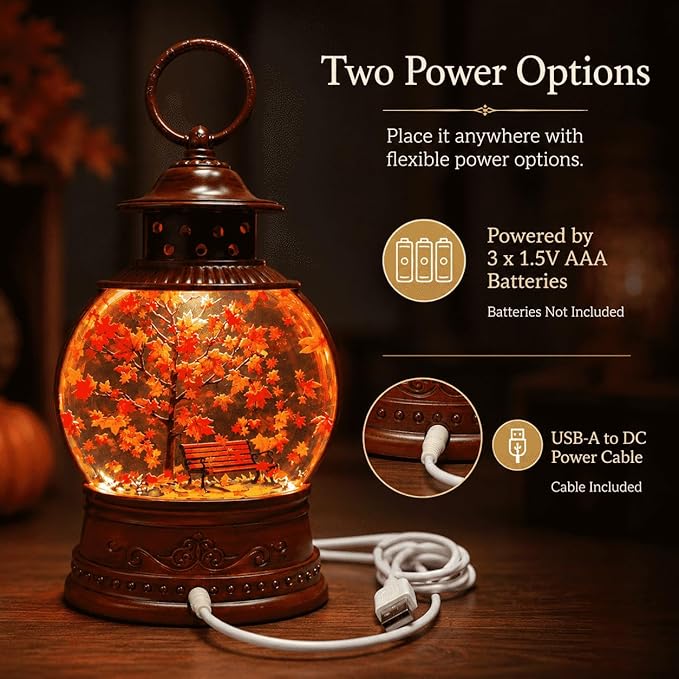 Fall Snow Globe Lantern with Swirling Maple Leaf Glitter 6H Timer Battery & USB Powered Fall Decor Autumn Snow Globe for Thanksgiving, Home, Tabletop Decoration