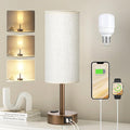 Fenmzee Brown Bedside Table Lamp for Bedroom - 3 Way Dimmable Touch Lamp USB C Charging Ports and AC Outlet, Small Lamp Round Flaxen Cream Fabric Shade for Living Room, Desk, LED Bulb Included