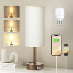 Fenmzee Brown Bedside Table Lamp for Bedroom - 3 Way Dimmable Touch Lamp USB C Charging Ports and AC Outlet, Small Lamp Round Flaxen Cream Fabric Shade for Living Room, Desk, LED Bulb Included