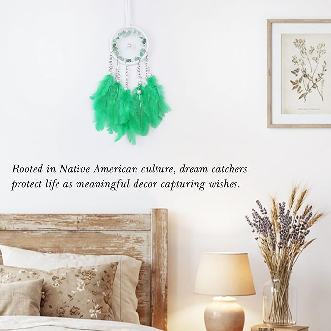 Pretty Jolly Crystal Stone Small Dream Catchers Green Feathers Mini Dreamcatchers with Beads for Cars Rear View Mirror Hanging Decoration Good Luck Travel Charm Bedroom Ornaments for Women Girls