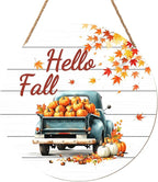 Hello Fall Wreath for Front Door Fall Truck Welcome Door Sign 12x12 Inch Autumn Maple Leaf Pumpkin Wood Door Hanger Farmhouse Thanksgiving Hanging Plaque for Home Porch Wall Indoor Outdoor Decorations