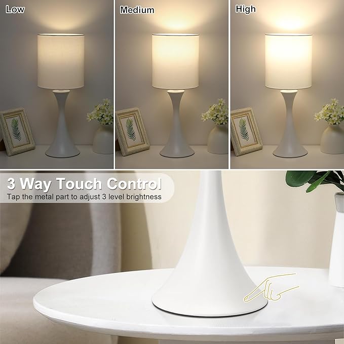 Modern Table Lamps, 3 Way Touch Control Table Lamp, Dimmable Desk Lamp, White Nightstand Lamp with Fabric Shade, Small Bedside Lamp for Living Room, Dorm,Home Office, LED Bulb Included