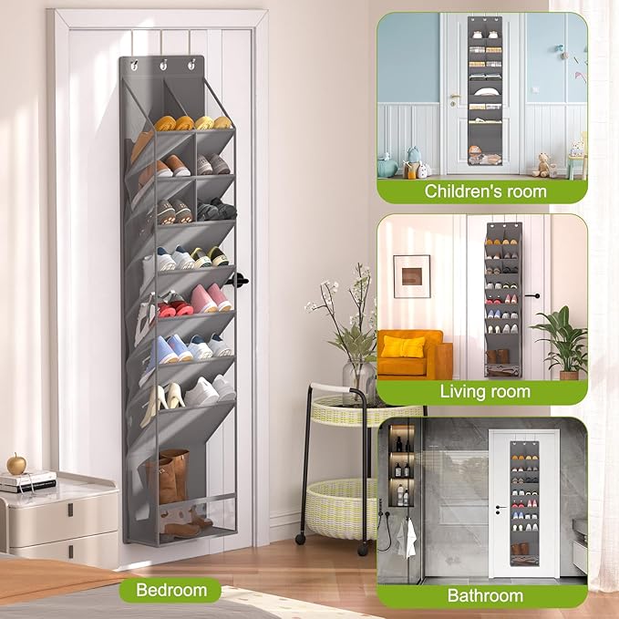 VERONLY Door Shoe Organizer, Over The Door Hanging Shoe Rack with Large Pockets, Space Saving Shoe Storage for Closet, Entryway, Bedroom, Shoe Holder for Men Women Kids (Grey)
