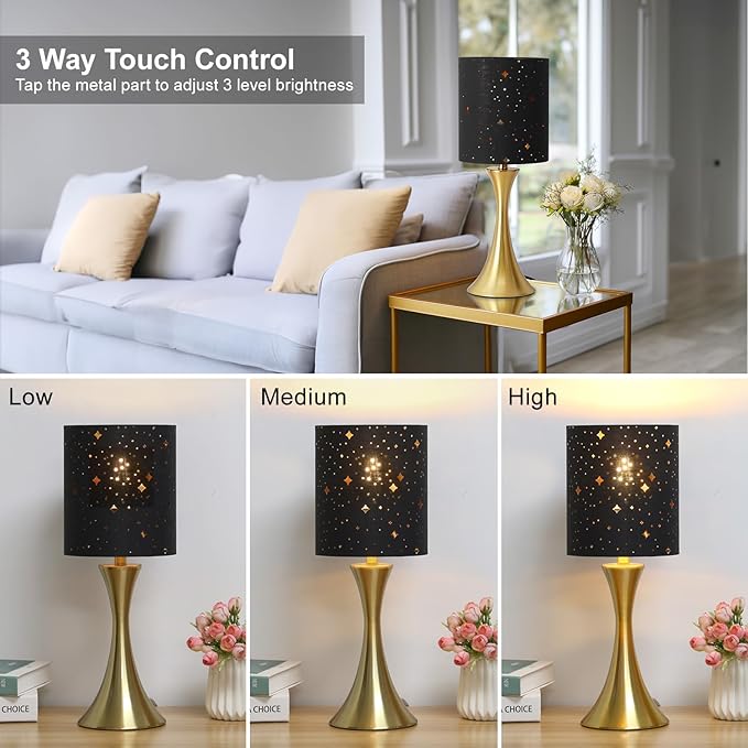 Touch Lamp for Bedroom, 3 Way Dimmable Gold Table Lamp with Black Starry Shade, Decorative Nightstand Lamp Ambient Beside Light for Living Room, Guest Room, Office 3000K LED Bulb Included