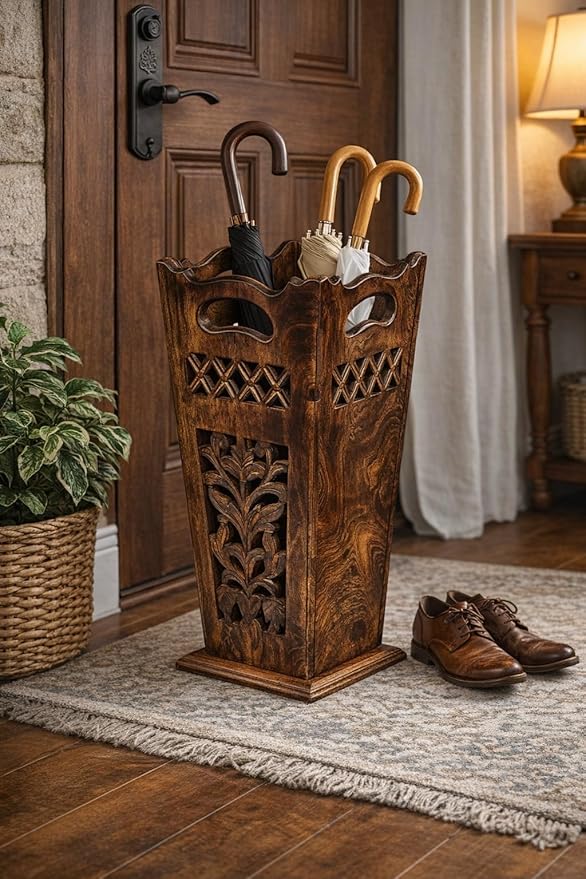 Antique Wooden Umbrella Stand & Walking Cane Holder for Home, Office & Entryway | Hand-Carved Solid Wood Umbrella & Cane Storage Rack | Size 21.5 x 8 x 8 in, Base 7.5 x 7.5 inches