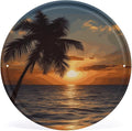 Wall Picture, with Sunset Palm Tree Ocean Printed Circular Iron Hanging Picture,Wall Art Decor,Home for Bedroom Living Room Bathroom Decor,Iron Painting 11.8X11.8 in
