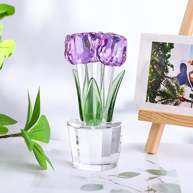 Movdyka Tulips Glass Flowers Figurines Crystal Decor Collectibles Crystal Purple Flowers Bouquet Ornaments Mothers Day Tulip Gifts for Women on Anniversary Wedding Christmas Valentines