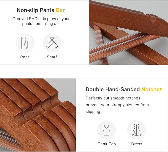 TOPIA HANGER Wooden Hangers 30 Pack, Wood Clothes Hangers, Durable Coat Hanger with 360-Degree Rotatable Hook, Non-Slip Pants Bar and Shoulder Notches for Camisole Tops (Walnut) - CT34WA30