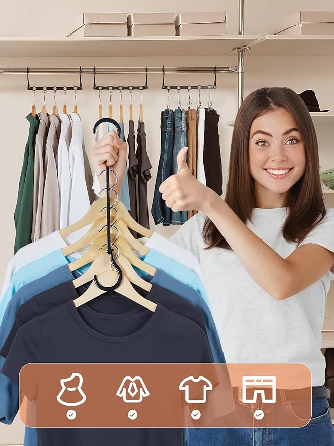 HOUSE DAY Space Saving Hangers, Black, 8 Pack, Collapsible Closet Organizer, Smart Hangers Plastic, Space Saver Hangers with 5 Holes, Sturdy Closet Organizers and Storage