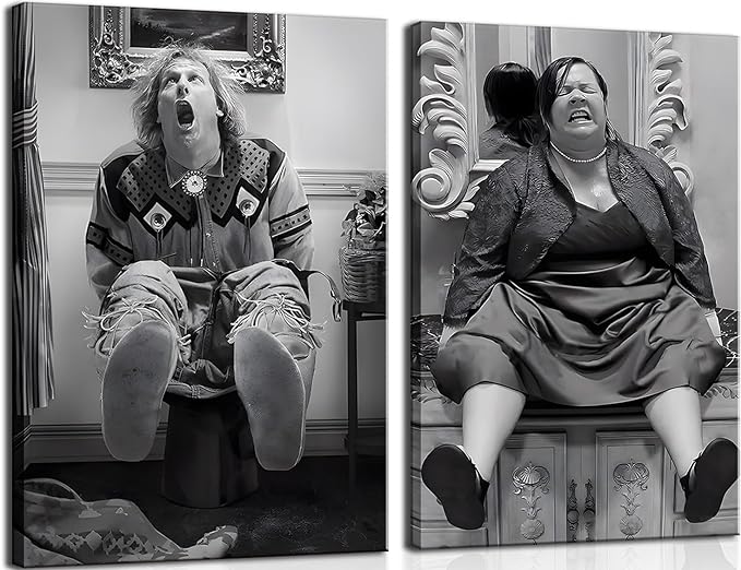 Funny Bathroom Canvas Wall Art Set of 2 - Black and White Vintage Humor Wall Decor, Dumb And Dumber Comedy Movies Posters for Toilet Bathroom Decor 12x16 inch Framed