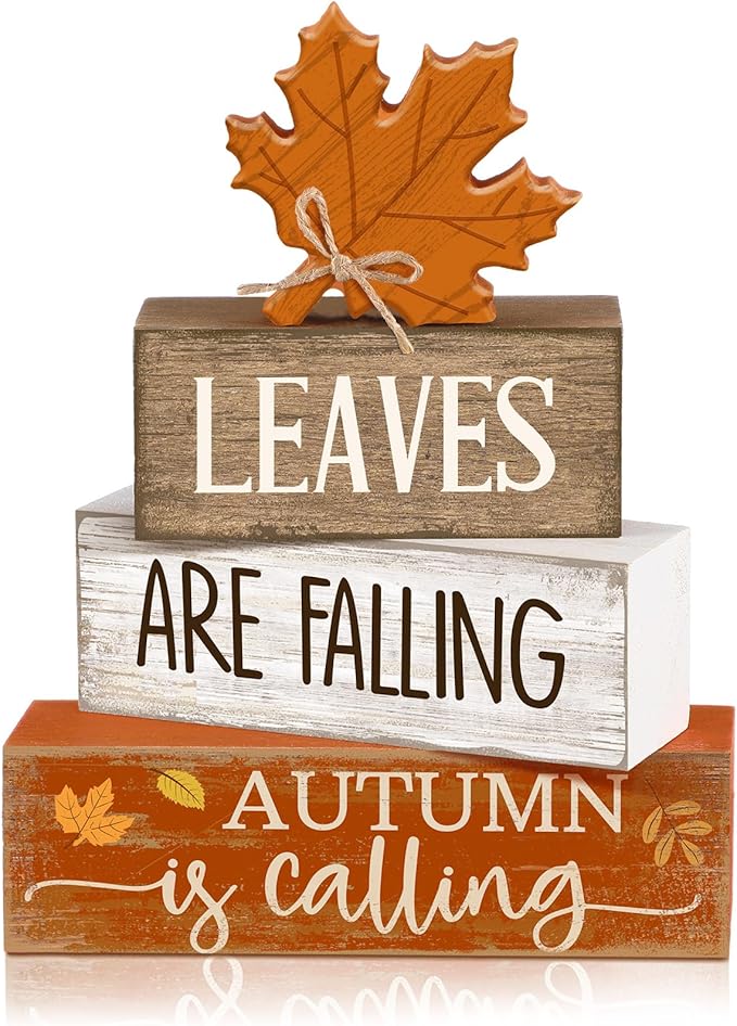 Lineshading 4 Pcs Fall Decoration for Home Wooden Maple Leaf Thanksgiving Table Centerpiece Rustic Thanksgiving Tiered Tray Decor Decorative Autumn Leaves Block Sign Farmhouse Autumn Decor for Kitchen