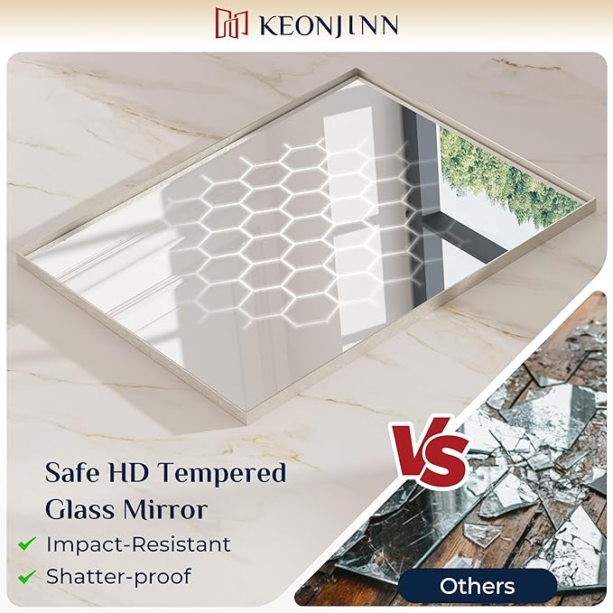 Keonjinn 60 x 36 in Brushed Nickel Bathroom Mirror, Rectangular Metal Framed Wall Vanity Mirror for Over Sink Square Corner Aluminum Alloy Modern Decorative Rectangle Mirror(Horizontal/Vertical)