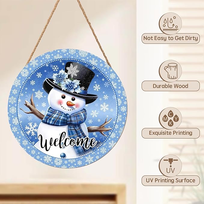 Welcome Winter Snowman Blue Sign for Front Door Christmas Snowflake Wood Door Hanger 12"x12" Holiday Welcome Decorations Rustic Wreath Wall Hanging Decorative for Home Wall Porch Yard Garden