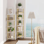 HOOBRO Corner Shelf Stand, Industrial 6-Tier Wall Corner Bookshelf with Metal Frame, Plant Display Shelf, Bookcase for Small Spaces, Living Room, White and Gold DW36CJ01