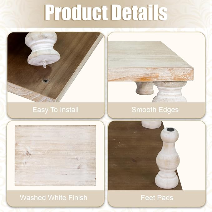 MAONAME Decorative Wooden Display Riser, Farmhouse Wood Pedestal Stand for Display, Rustic Wash White Tray Riser for Kitchen, Home Table Decor, Short and Tall Footed
