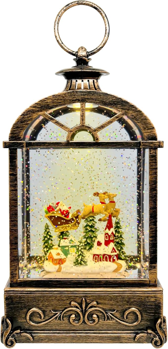 AOMIL Musical Christmas Snow Globe Lantern - USB/Battery Operated Swirling Glitter Lantern with Timer, Snow Globe Decoration for Home Holiday Decor (Deer)